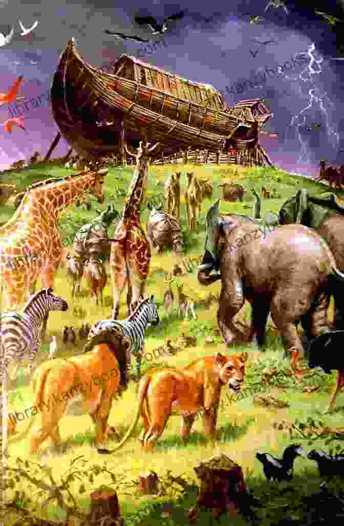 An Illustration Showing Various Animals, Including Elephants, Lions, And Giraffes, Entering The Ark In Pairs. The Beginner S Bible Noah And The Big Boat